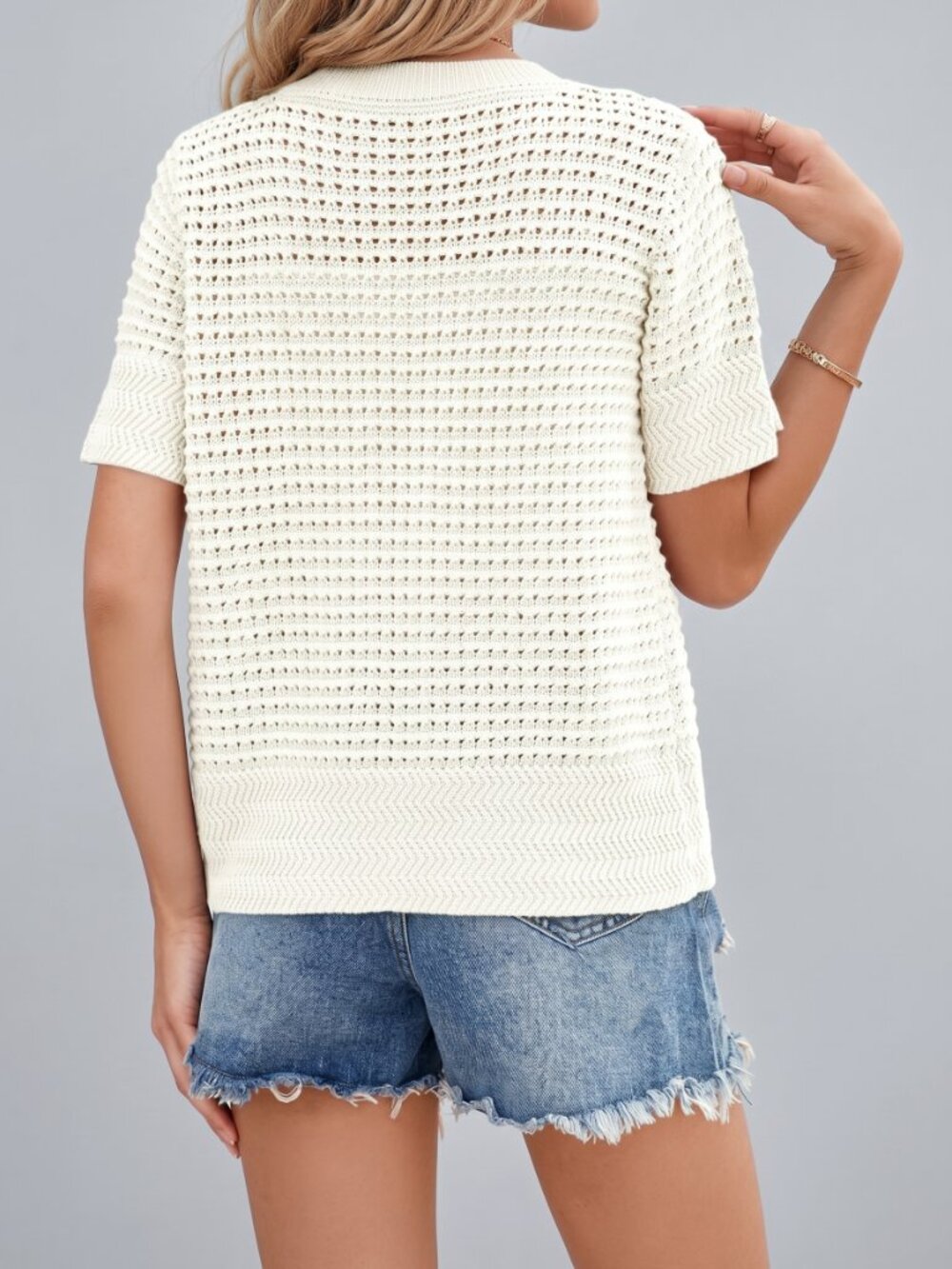 Women's Crochet Knit Cardigan Short Sleeve Button Up Crew Neck Summer Sweater - Picture 2 of 4